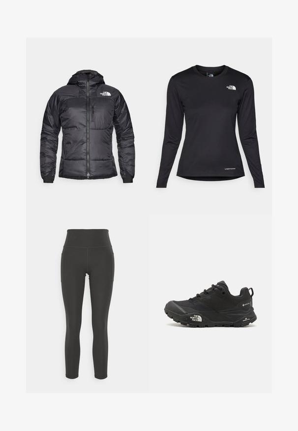 Casaco puffer preto com fecho éclair à frente, capuz ajustável e um bolso no peito. Apresenta um logótipo no canto superior esquerdo e punhos elásticos.; The North Face SHADOW LONG SLEEVE - Camisola de manga comprida - black; Leggings negras de cintura alta feitas de um tecido elástico com textura suave; apresentam bolsos laterais e costuras planas para maior conforto.; Shoe de caminhada preto com um upper texturizado, fecho de atacador e uma sola de borracha robusta com um logótipo proeminente na lateral e padrões de piso.