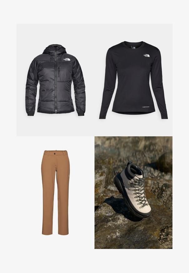 Schwarze Puffjacke mit durchgehendem Reißverschluss, verstellbarem Kapuze und einer Brusttasche. Mit einem Logo auf der oberen linken Seite und elastischen Bündchen.; The North Face SHADOW LONG SLEEVE - Langarmshirt - black; Mammut Outdoor-Hose - claystone; Hellbeige Wanderschuhe mit einer schwarzen Gummisohle, flexiblem Obermaterial, Metallösen und grauen Schnürsenkeln, platziert auf einer felsigen Oberfläche.
