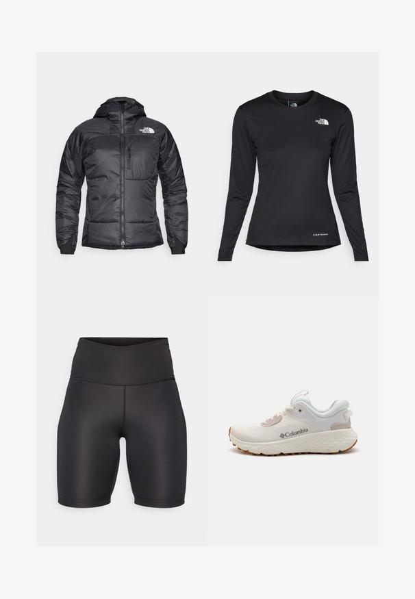 Casaco puffer preto com fecho éclair à frente, capuz ajustável e um bolso no peito. Apresenta um logótipo no canto superior esquerdo e punhos elásticos.; The North Face SHADOW LONG SLEEVE - Camisola de manga comprida - black; Calções atléticos pretos com uma cintura alta, feitos de um tecido suave e elástico. Apresentam um design sem costuras e um corte até ao joelho.; Sapatilha atlética leve da Columbia em malha branca com uma sola cinza texturizada e tração em borracha. Apresenta um colarinho acolchoado e um design com atacadores.