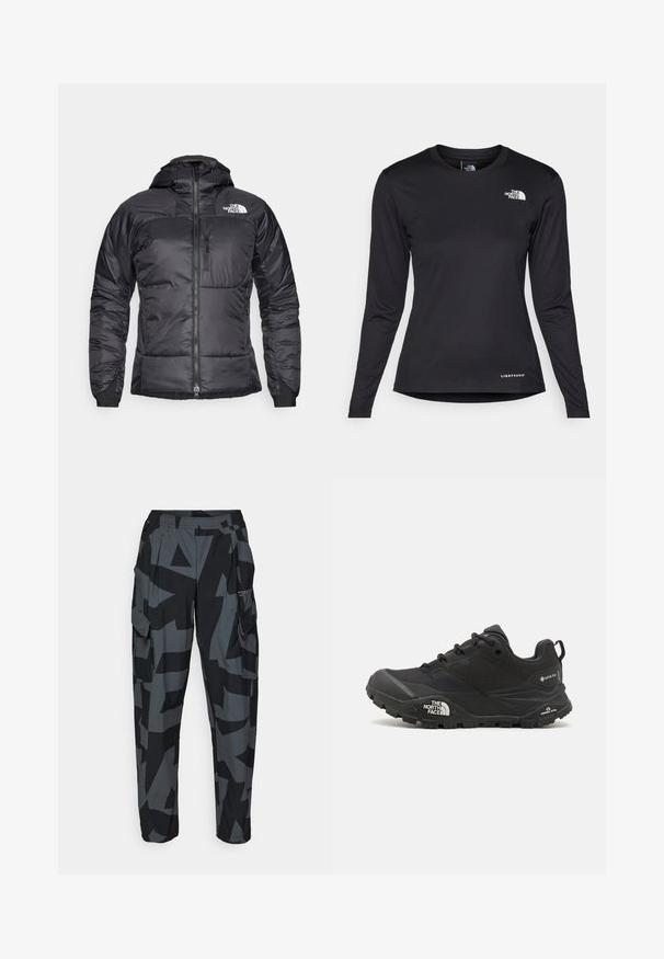 Svart pufferjacka med dragkedja fram, justerbar huva och bröstficka. Har en logotyp på övre vänster sida och elastiska manschetter.; The North Face SHADOW LONG SLEEVE - Långärmad tröja - black; Cargo-byxor i ett svart och grått geometriskt mönster, med elastisk midja, flera fickor och en avslappnad passform.; Svart vandringsskor med en texturerad övre del, snörning och en kraftig gummisula som har en framträdande logotyp på sidan och mönster i sulan.