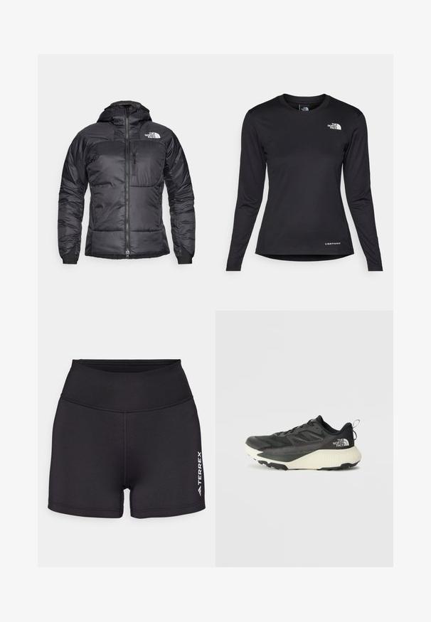 Černá péřová bunda se zipem na přední straně, nastavitelnou kapucí a kapsou na hrudi. Obsahuje logo na horní levé straně a elastické manžety.; The North Face SHADOW LONG SLEEVE - Top s dlouhým rukávem - black; Černé atletické kraťasy vyrobené z hladkého, elastického materiálu s vysokým pasem. Na dolní pravé straně mají bílé logo "TERREX".; Černá sportovní bota s texturovaným svrškem, s šedými akcenty a bílou mezipodešví. Obsahuje poutko a výrazné logo značky na patě.