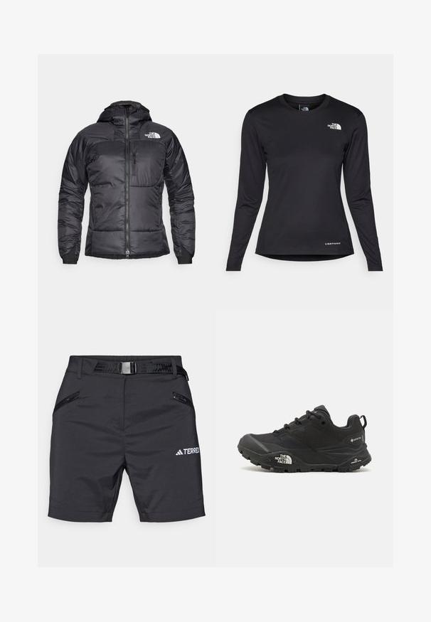Svart pufferjacka med dragkedja fram, justerbar huva och bröstficka. Har en logotyp på övre vänster sida och elastiska manschetter.; The North Face SHADOW LONG SLEEVE - Långärmad tröja - black; Svarta utomhusshorts tillverkade av lättviktsmaterial. Har två fickor med dragkedja och ett svart bälte med rektangulär spänne. Inkluderar TERREX-logotyp.; Svart vandringsskor med en texturerad övre del, snörning och en kraftig gummisula som har en framträdande logotyp på sidan och mönster i sulan.