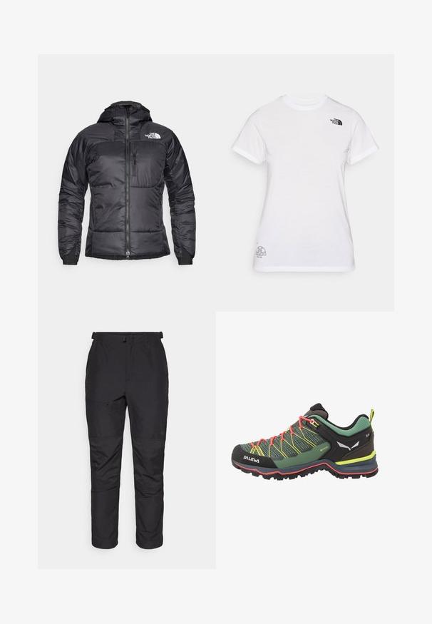 Čierna pérová bunda so zipsom vpredu, nastaviteľnou kapucňou a vreckom na hrudi. Obsahuje logo na hornej ľavej strane a elastické manžety.; Biela bavlnená tričko s čiernym logom na ľavej hrudi a sivým grafickým dizajnom v dolnom pravom rohu. Klasický okrúhly výstrih a krátke rukávy.; Čierne vonkajšie nohavice vyrobené z ľahkého materiálu, s hladkou textúrou, elastickým pásom, zipsovou vreckom a panelovými detailami na dolných nohách.; Zelená a čierna turistická obuv s textúrovaným sieťovaným vrchom, červenými šnúrkami, žltými akcentmi a robustnou podrážkou navrhnutou na trakciu.
