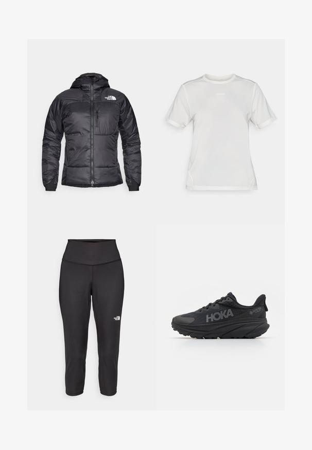 Jachetă puffer neagră cu fermoar frontal, glugă ajustabilă și un buzunar pe piept. O caracteristică este un logo pe partea stângă sus și manșete elastice.; Tricou athletic din plasă alb, cu mâneci scurte, guler rotund și mic logo "Salomon" centrat pe piept.; Leggings capri negre din material elastic, cu un talie înaltă și un mic logo alb pe partea stângă. Textură netedă.; Pantofi de alergare negri cu un superior din plasă, accente texturate și branding HOKA. Au o talpă groasă și curbată, precum și Gore-Tex pentru rezistență la apă.