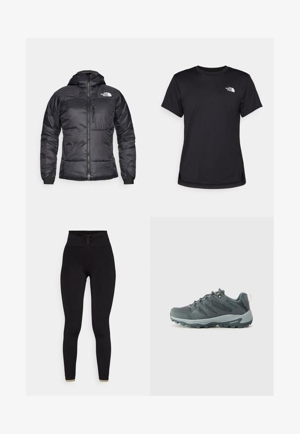 Casaco puffer preto com fecho éclair à frente, capuz ajustável e um bolso no peito. Apresenta um logótipo no canto superior esquerdo e punhos elásticos.; The North Face FLEX SHORT SLEEVES TEE - T-shirt desportiva - black; Leggings pretos com uma cintura alta e franzida e uma textura suave e elástica. Apresentam uma silhueta justa e um subtil destaque em bege na bainha.; Sapatos de caminhada cinza escuro com parte superior em malha e camurça, design de atacadores, sola amortecida e sola robusta com padrão de aderência.
