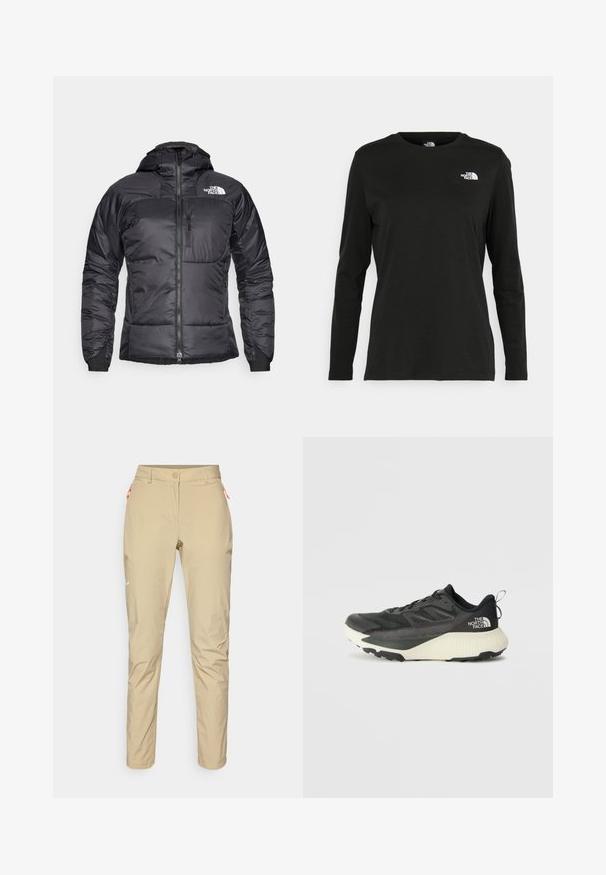 Svart pufferjakke med glidelås foran, justerbar hette og en brystlomme. Har en logo øverst til venstre og elastiske mansjetter.; Svart langermet T-skjorte laget av bomull med rund hals. Har en liten hvit logo på venstre brystområde. Enkelt design og passform.; Beige utendørsbukser med en glatt tekstur, med en oransje glidelåslomme, slim fit design og en liten hvit logo på fronten.; Svart treningssko med teksturert overdel, med grå detaljer og hvit såle. Har en pull tab og fremtredende merkevarelogo på hælen.
