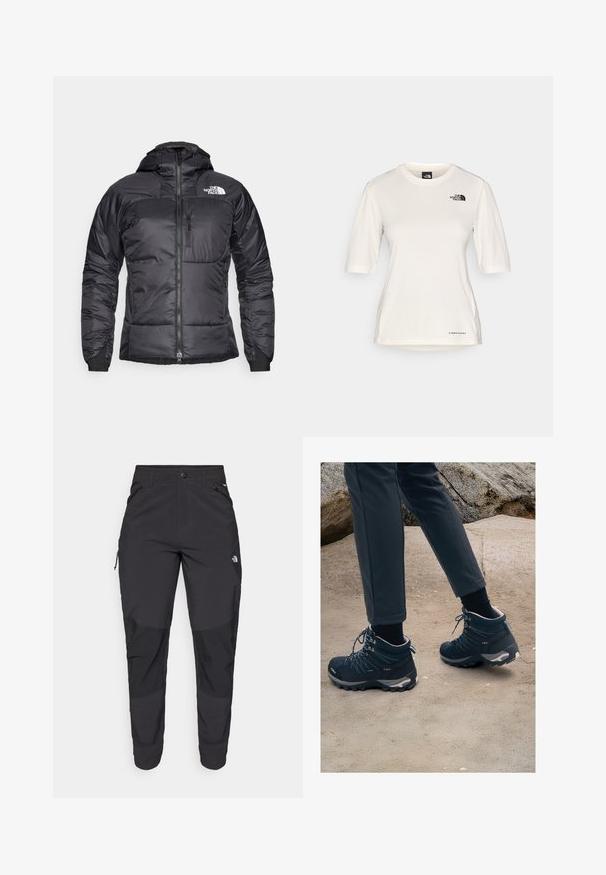 Schwarze Puffjacke mit durchgehendem Reißverschluss, verstellbarem Kapuze und einer Brusttasche. Mit einem Logo auf der oberen linken Seite und elastischen Bündchen.; The North Face SHADOW SHORT SLEEVE - Sport T-Shirt - white dune; Schwarze Outdoor-Hosen aus strapazierfähigem Material. Verfügen über Reißverschlusstaschen, verstärkte Knieeinsätze und ein gerades Design für Beweglichkeit.; Dunkelblaue Wanderschuhe mit strukturiertem Mesh, Schnürsenkeln und Gummisohlen, kombiniert mit dunklen Hosen, vor einem sandigen, felsigen Hintergrund.