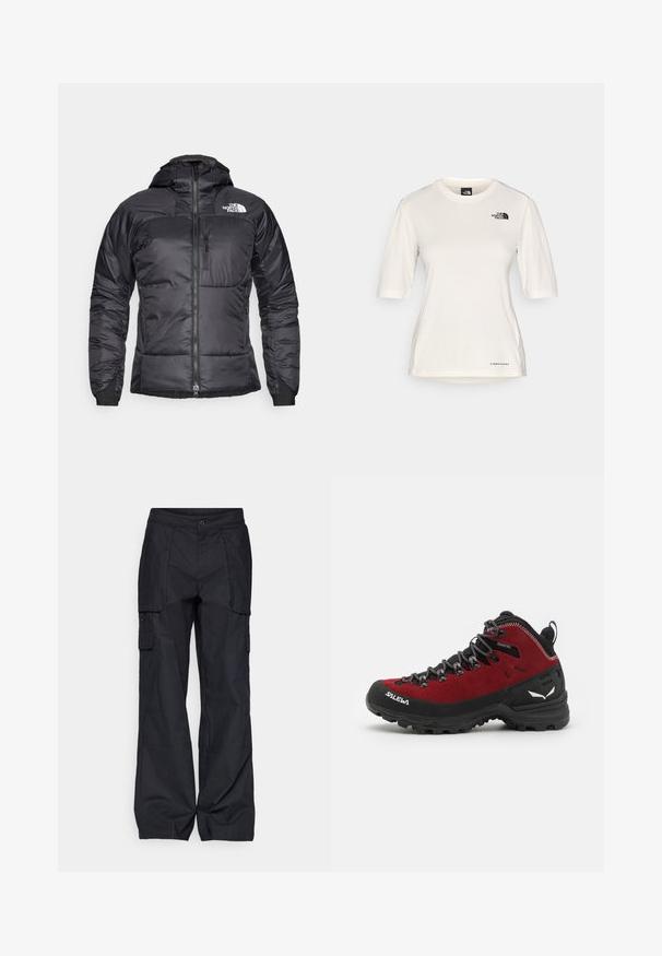 Crna puf jakna s patentnim zatvaračem sprijeda, podesivom kapuljačom i džepom na prsima. Sadrži logo na gornjoj lijevoj strani i elastične manžete.; The North Face SHADOW SHORT SLEEVE - Sportska majica - white dune; Columbia BREA FALLS™ COTTON RIPSTOP PANT - Hlače za otvoreno - black; Crvene i crne planinarske čizme izrađene od nubuka i gume, s teksturiranim vezicama, ojačanim vrhom i logotipom na strani i potplatu.