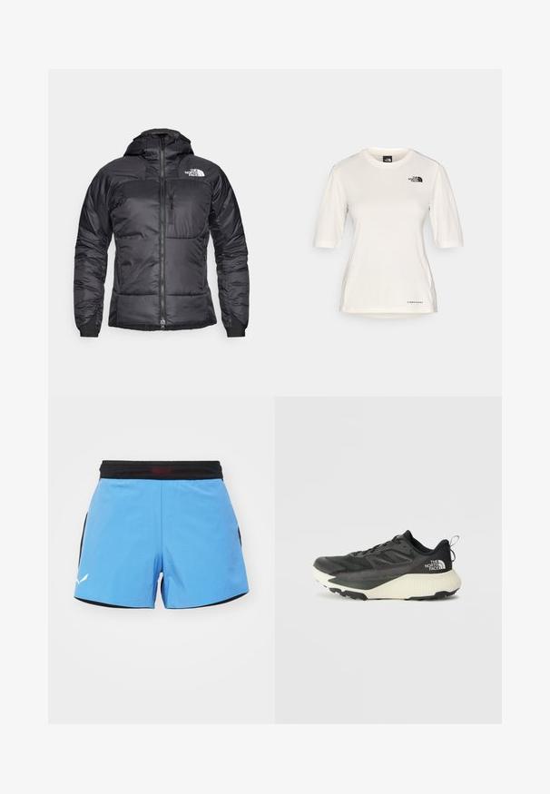 Svart pufferjakke med glidelås foran, justerbar hette og en brystlomme. Har en logo øverst til venstre og elastiske mansjetter.; The North Face SHADOW SHORT SLEEVE  - T-skjorte til trening - white dune; Lyse blå treningsshorts med svart liv, med sidepaneler i mesh og hvit logo på kanten. Myk, hurtigtørkende stoff.; Svart treningssko med teksturert overdel, med grå detaljer og hvit såle. Har en pull tab og fremtredende merkevarelogo på hælen.