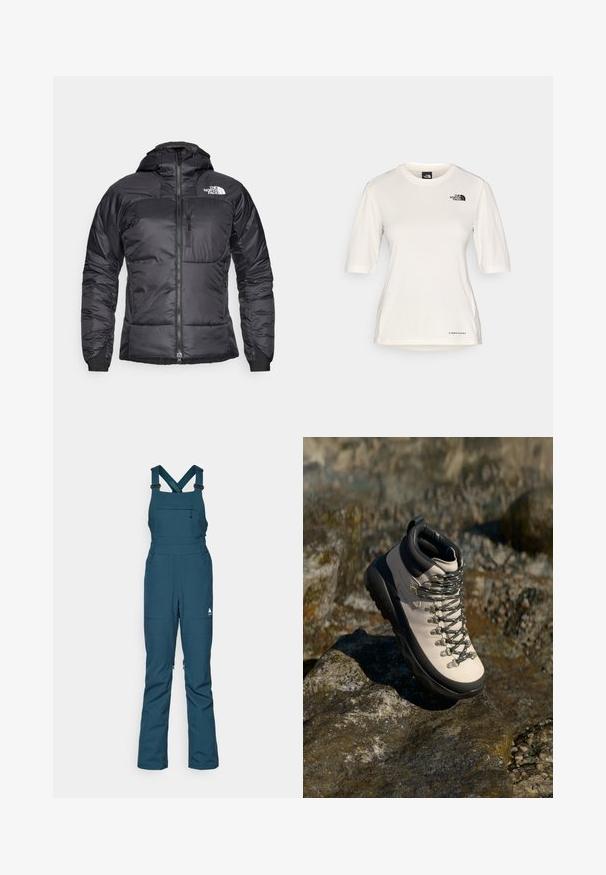 Černá péřová bunda se zipem na přední straně, nastavitelnou kapucí a kapsou na hrudi. Obsahuje logo na horní levé straně a elastické manžety.; The North Face SHADOW SHORT SLEEVE  - Sportovní tričko - white dune; Tyrkysový sněhuličkový overal s nastavitelnými ramínky, zapínací kapsou na hrudi a dvěma postranními kapsami, vyrobený z odolného a povětrnostně odolného materiálu.; Svetle béžové turistické boty s černou gumovou podrážkou, flexibilním svrškem, kovovými oky a šedými tkaničkami, umístěné na kamenitém povrchu.