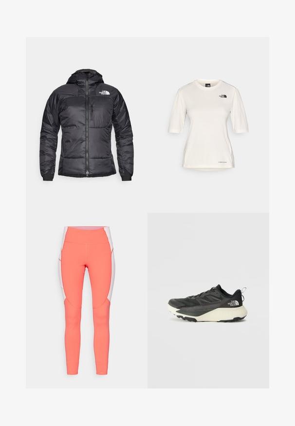 Juodas pūkinis švarkas su užtrauktuku priekyje, reguliuojama kapisonu ir krūtine kišene. Viršuje kairėje pusėje yra logotipas, o rankogaliai yra elastingi.; The North Face SHADOW SHORT SLEEVE - Sportiniai marškinėliai trumpomis rankovėmis - white dune; Koralo spalvos sportiniai leggingai su aukštu liemeniu, turintys baltas šonines juostas ir išlenktus siūlus. Lygus paviršius su kontrastingais siuvimo detalėmis.; Juodas sportinis batas su tekstūruota viršutine dalimi, su pilkomis detalėmis ir baltu viduriu. Apima pakėlimo juostelę ir ryškų prekės ženklo logotipą ant kulno.