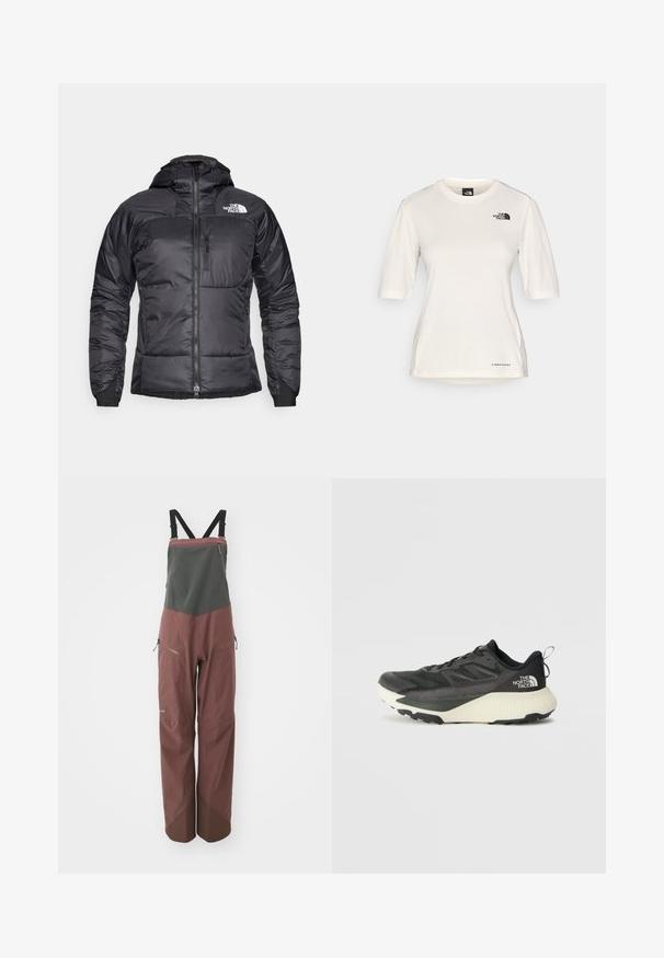 Crna puf jakna s patentnim zatvaračem sprijeda, podesivom kapuljačom i džepom na prsima. Sadrži logo na gornjoj lijevoj strani i elastične manžete.; The North Face SHADOW SHORT SLEEVE - Sportska majica - white dune; Patagonia SNOWDRIFTER BIBS - Skijaške hlače - dulse mauve; Crna atletska cipela s teksturiranim gornjim dijelom, sivim detaljima i bijelim međuslojem. Ima držač i istaknutu marku na peti.