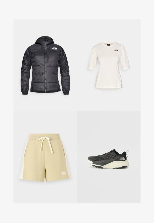 Crna puf jakna s patentnim zatvaračem sprijeda, podesivom kapuljačom i džepom na prsima. Sadrži logo na gornjoj lijevoj strani i elastične manžete.; The North Face SHADOW SHORT SLEEVE - Sportska majica - white dune; Svijetlo maslinasto zelene kratke hlače od mekog materijala, s bočnim džepovima, elastičnim pojasom s vezicom i bijelim logotipom na lijevoj nozi.; Crna atletska cipela s teksturiranim gornjim dijelom, sivim detaljima i bijelim međuslojem. Ima držač i istaknutu marku na peti.