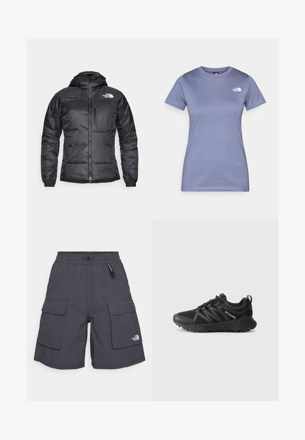 Casaco puffer preto com fecho éclair à frente, capuz ajustável e um bolso no peito. Apresenta um logótipo no canto superior esquerdo e punhos elásticos.; T-shirt de manga curta lilás, feito de algodão, com decote redondo e um pequeno logótipo branco no peito. Textura suave.; Calças de carga cinzentas com uma cintura elástica ajustável, dois bolsos laterais e dois bolsos com aba. Apresenta um pequeno logótipo branco na parte inferior esquerda.; Columbia PEAKFREAK - Sapatos de caminhada - black