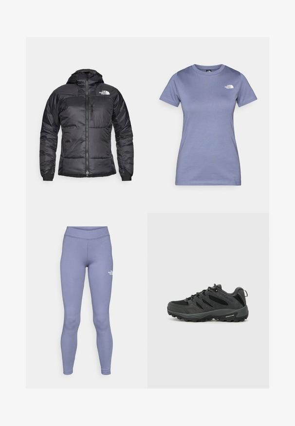 Črna pufastna jakna z zadrgo spredaj, nastavljivo kapuco in žepom na prsih. Ima logo na zgornji levici in elastične zapestnike.; Svetlo vijoličasta majica s kratkimi rokavi iz bombaža, z okroglo ovratnico in majhnim belim logotipom na prsih. Gladka tekstura.; Modre športne legice iz mehke, raztegljive tkanine. Imajo visok pas in majhen bel logo na levem stegnu.; Columbia REDMOND - Pohodniški čevlji - black/citron haze