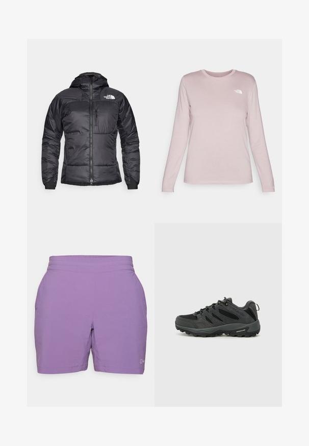 Juodas pūkinis švarkas su užtrauktuku priekyje, reguliuojama kapisonu ir krūtine kišene. Viršuje kairėje pusėje yra logotipas, o rankogaliai yra elastingi.; Ilga rankovė marškiniai iš švelnios rožinės medžiagos su apvaliu iškirpimu, su baltu logotipu kairėje krūtinės pusėje ir priglundančiomis rankovėmis.; Violet sportiniai šortai su elastingu juosmeniu, šoninėmis kišenėmis ir glotnia tekstūra. Tiesus kirpimas su subtiliomis siuvimo detalėmis.; Columbia REDMOND - Turistiniai batai - black/citron haze
