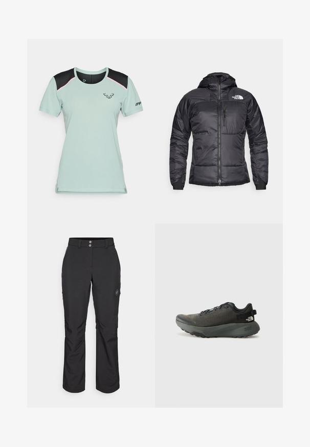 Musta toppatakki, jossa on vetoketjullinen etuosa, säädettävä huppu ja rintatasku. Sisältää logon vasemmassa yläkulmassa ja joustavat hihansuut.; Mintvihreä lyhythihainen urheilupaita mustilla hartioilla, pinkeillä yksityiskohdilla, tuuletetuilla sivuilla sekä mustalla logolla rinnassa ja hihassa.; Mustat ulkoiluhousut suoran leikkauksen kanssa, joissa on nappikiinnitys, vetoketjulliset sivutaskut ja logopatchi vasemmassa reidessä.; Tummanharmaa urheilukenka, jossa on tekstuurilla varustettu kangasosa, litteät nauhat, vahvistettu kärki ja paksu, karkea pohja pidon parantamiseksi. 300 kohokuvioituna kantapäässä.