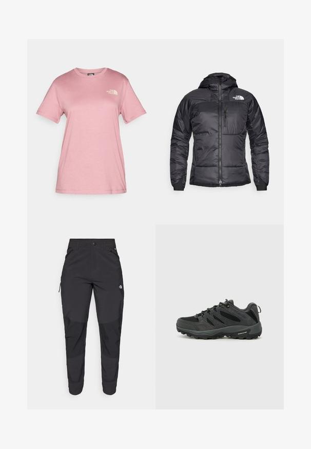 Must elasthülsi jakk, millel on lukuga esiosa, reguleeritav kapuuts ja rinnatasku. Esitletud on logo vasakul ülal ja elastsed mansetid.; Heledad roosa lühikeste varrukatega T-särk, mis on valmistatud pehmest puuvillast, ümarate kaelustega ja väikese valge "The North Face" logo'ga rinnal.; Must black välitingimustes püksid, mis on valmistatud vastupidavast kangast. Omavad lukugaTaskuid, tugevdatud põlvepaneele ja sirget lõiget liikuvuse tagamiseks.; Columbia REDMOND - Matkajalatsid - black/citron haze