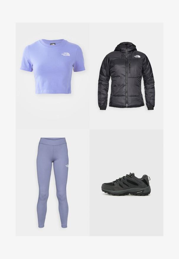 Fekete puffertanács cipzáras elejével, állítható kapucnival és mellzsebbel. Az upper bal oldalon logó található, valamint elasztikus mandzsetták.; Rövid ujjú, világos lila pamut póló, crop fazonban, kerek nyakkivágással. Bal mellen fehér logóval rendelkezik.; Kék sport leggings, puha, rugalmas anyagból. Magas derékkal és egy kis fehér logóval a bal combon.; Columbia REDMOND - Túracipők - black/citron haze