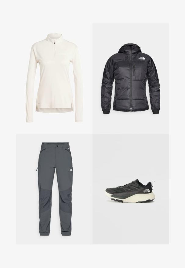 Must elasthülsi jakk, millel on lukuga esiosa, reguleeritav kapuuts ja rinnatasku. Esitletud on logo vasakul ülal ja elastsed mansetid.; Pikend varrukatega, heledat beeži värvi särk, millel on pooltõmblukk kaeluses, valminud siledast materjalist. Omab diskreetseid külgmisi lõhesid ja trükitud logo.; Tumed hallid välistingimustes püksid, millel on tugevdused põlvedel, lukuga külje- ja eesTaskud, nupuga sulgur ning The North Face logo reie peal.; Musty mustusjalats musta pealisega, millel on tekstuur, hallid aktsendid ja valge vaheosa. Sisaldab tõmbeosa ning silmapaistvat brändi logo kandadel.