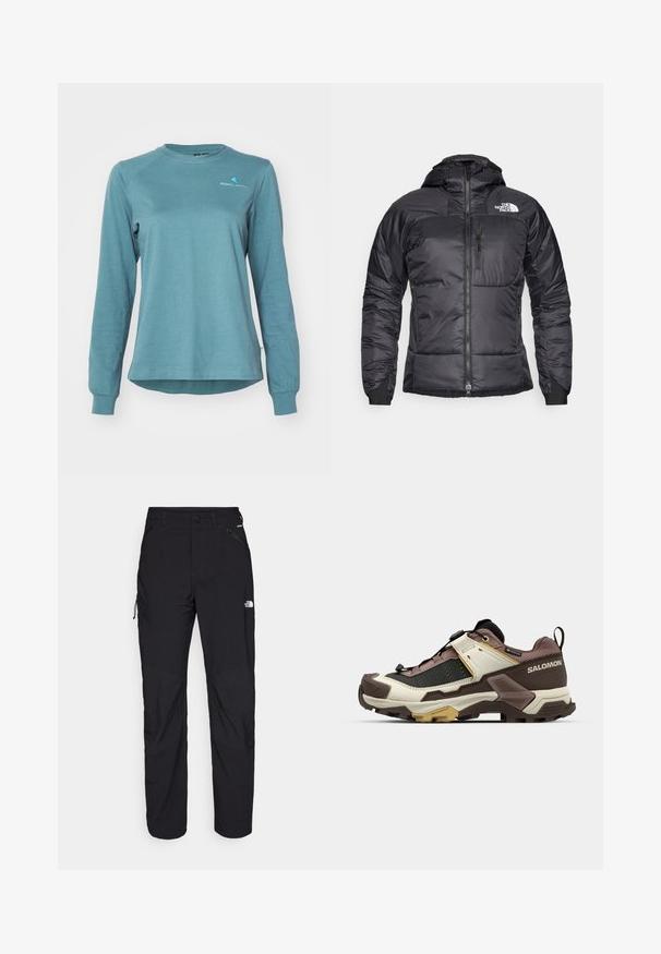 Must elasthülsi jakk, millel on lukuga esiosa, reguleeritav kapuuts ja rinnatasku. Esitletud on logo vasakul ülal ja elastsed mansetid.; Klättermusen ROOT LOGO TEE - Pikkade varrukatega topp - frost green; Mustalased välispüksid regulaarse lõikega, valmistatud kergest materjalist. Omadusteks on tõmblukud, taskud ja tugevdatud põlved vastupidavuse tagamiseks.; Salomon matkajalatsid, kus on segu kreemjatest, pruunidest ja mustadest materjalidest; tekstureeritud ülemine osa, paks kummist tall ja reguleeritav lükkesüsteem.