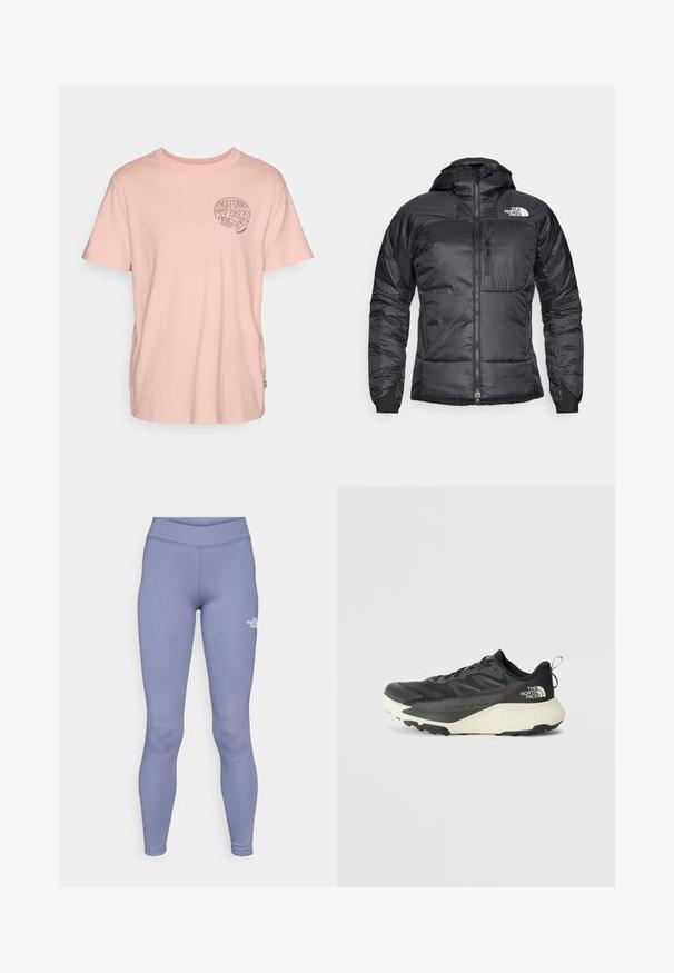 Black puffer jacket with a zippered front, adjustable hood, and a chest pocket. Features a logo on the upper left and elastic cuffs.; Light pink cotton t-shirt with short sleeves, round neckline, and a black graphic reading "SEE YOU OUT HERE" on the left chest area.; Blue athletic leggings made of soft, stretchy fabric. Features a high waistband and a small white logo on the left thigh.; Black athletic shoe with a textured upper, featuring gray accents and a white midsole. Includes a pull tab and prominent brand logo on the heel.