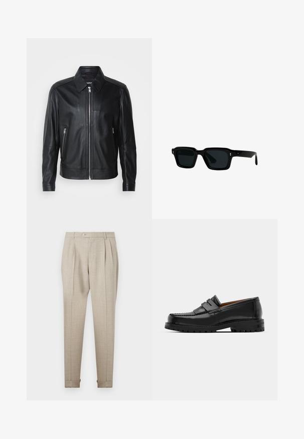 Giacca nera in pelle con colletto, chiusura frontale con zip, due tasche laterali con zip e spalle strutturate. Texture liscia in tutto.; Maglione a coste marrone con scollatura a girocollo e maniche lunghe, caratterizzato da un tessuto testurizzato e polsini e orlo aderenti. Design semplice.; Canotta nera a coste con scollatura rotonda e ampie aperture per le braccia, realizzata in un morbido tessuto elasticizzato. Etichetta: Pull&Bear.; Pantaloni beige a pieghe con una texture liscia, dotati di chiusura con bottone frontale e orli arrotolati. Vestibilità su misura e design a gamba dritta.; I mocassini in pelle nera presentano una cucitura sollevata, due fasce decorative sulla parte superiore e una suola spessa e texture per una maggiore aderenza.; CHIMI CHIMI 03 - Occhiali da sole - black