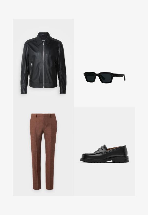 Schwarze Lederjacke mit Kragen, vorderem Reißverschluss, zwei seitlichen Reißverschlusstaschen und strukturierten Schultern. Glatte Textur im gesamten Bereich.; Brauner gerippter Strickpullover mit Rundhalsauschnitt und langen Ärmeln, aus einem strukturierten Stoff mit eng anliegenden Bündchen und Saum. Einfaches Design.; Schwarzes, geripptes Tanktop mit rundem Halsausschnitt und weiten Armausschnitten, aus einem weichen, dehnbaren Stoff. Marke: Pull&Bear.; Braune Leinenhosen mit strukturierter Oberfläche, haben ein schlankes Design, gestickte Vorderfalten und zwei seitliche Taschen.; Schwarze Lederloafer verfügen über eine erhöhte Naht, zwei dekorative Riemen im oberen Bereich und eine dicke, strukturierte Sohle für zusätzlichen Halt.; CHIMI CHIMI 03 - Sonnenbrille - black