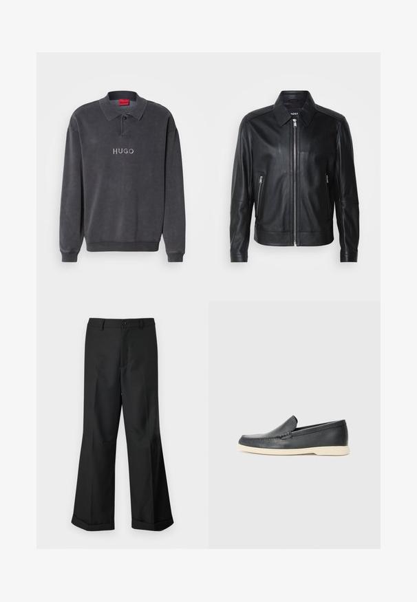Must musträtik, millel on krae, esipaneeli tõmblukuga, kaks tõmblukuga külgtaskut ja struktureeritud õlavarred. Ühtlane sile tekstuur kogu ulatuses.; Tumehall pikkade varrukatega polo särk, millel on klassikaline krae, soonikkoes mansetid ja esiküljel brodeeritud "HUGO" logo. Pehme puuvillasegu kangas.; Mustad laiad püksid nupuga vöökoha ja cuffidega hemmed, esitatud lihtsa valge tausta taustal.; Must musta sussid mustast nahast, millel on tekstuuriga pind ja kontrastne beež kummitald. Ees on peen aktsent.