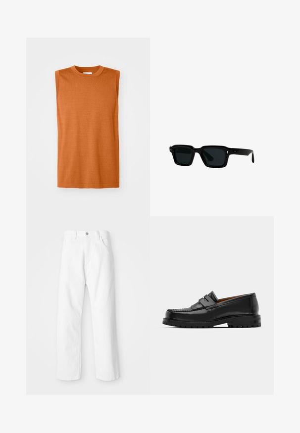 Schwarze Lederjacke mit Kragen, vorderem Reißverschluss, zwei seitlichen Reißverschlusstaschen und strukturierten Schultern. Glatte Textur im gesamten Bereich.; Ärmelloses oranges Stricktop mit Rundhalsausschnitt, glatter Textur und geradem Schnitt, mit einem sauberen Saum und minimalem Design.; Weiße Denim-Hosen mit geradem Bein, ausgestattet mit einem Frontknopf und einem Reißverschluss, fünf Taschen und einem sauberen, strukturierten Finish.; Schwarze Lederloafer verfügen über eine erhöhte Naht, zwei dekorative Riemen im oberen Bereich und eine dicke, strukturierte Sohle für zusätzlichen Halt.; CHIMI CHIMI 03 - Sonnenbrille - black