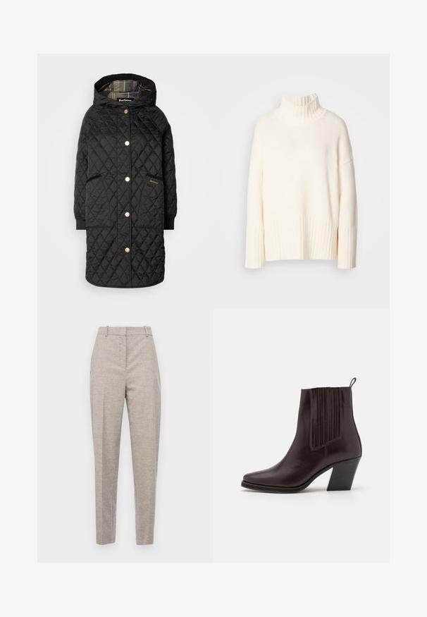 Černý prošívaný dlouhý kabát s kapucí, zlatými patentkami, dvěma předními kapsami, žebrovanými manžetami a podšívkou s kostkovaným vzorem.; Krémový rolák, vyrobený z texturované pleteniny, s počesanými manžetami a lemem, uvolněným střihem a bočními rozparky.; BOSS TABITHA - Kalhoty - open grey; Tmavě hnědé kožené kotníkové boty s špičatou špičkou, s vertikálním žebrovaným detailem po straně a středně vysokým blokovým podpatkem.