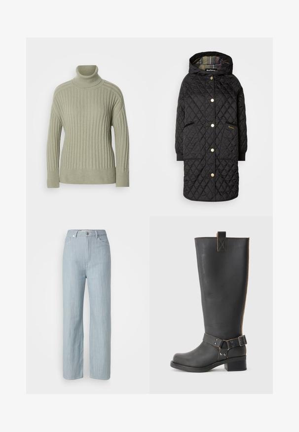 Fekete steppelt hosszú kabát kapucnival, arany snap zárakkal, két elülső zsebbel, bordás mandzsettával és kockás béllettel.; Világos zöld garbós pulóver bordázott kötött anyagból. Esés vállú kialakítás, minimális varrási részletek, és hosszú ujjak.; Világoskék egyenes szárú farmernadrág. Öt zsebbel, fém gombos záródással és finom kopási hatással a textúra érdekében rendelkezik.; Fekete bőr, térd fölé érő csizma texturált felülettel, oldalán csat díszítéssel és alacsony sarokkal. Részletes varrások a varrások mentén.