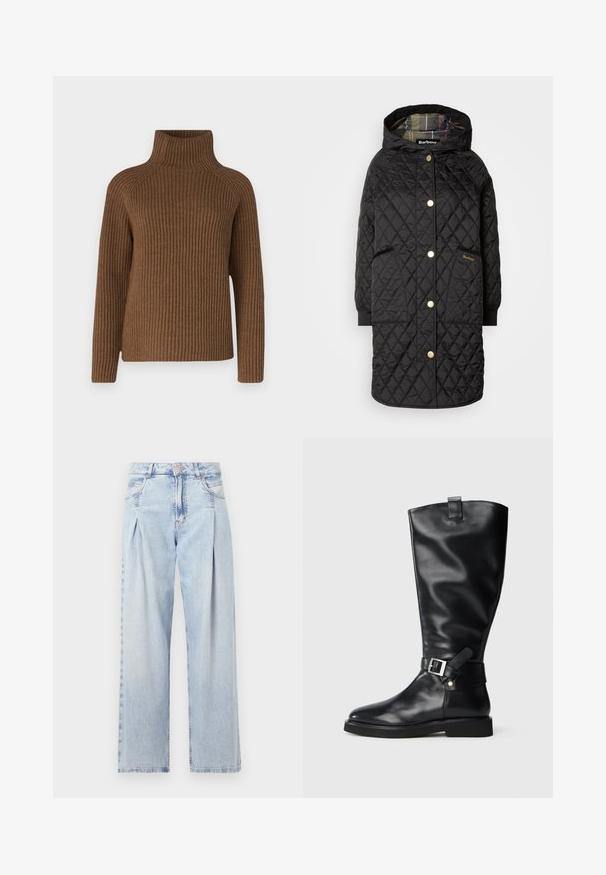 Palton lung matlasat negru, cu glugă, închidere cu capse aurii, două buzunare frontale, manșete cu dungi și căptușeală cu un model în carouri.; Pulover turtleneck cu guler înalt, de culoare maronie, cu maneci lungi, având o croială ajustată la gât și o siluetă relaxată, fabricat dintr-un material tricotat texturat.; Jeans din denim albastru deschis cu talie înaltă, croială evazată, două buzunare laterale și un design pliat. Textură moale cu un finisaj decolorat.; Cizme negre din piele până la genunchi, cu toc mic și detalii cu brâu din cataramă argentie în jurul gleznei, așezate pe un fundal simplu.