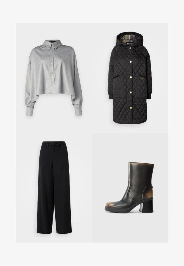 Cappotto lungo trapuntato nero con cappuccio, chiusure a pressione dorate, due tasche frontali, polsini a coste e una fodera a motivo check.; Camicia grigia tagliata, con colletto, maniche lunghe e vestibilità rilassata. Tessuto liscio con una sottile texture e orlo arrotondato.; Pantaloni neri a gamba larga realizzati in tessuto morbido, con un design a vita piatta, dettagli plissettati e passanti per cintura in vita.; Stivaletto in pelle nera con finitura lucida, punta rotonda, dettagli in contrasto color tan, tacco a blocco e zip laterale.