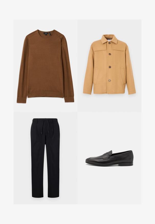 Camel-colored wool jacket with a collared neckline, four buttons, and two front pockets. Features a structured design and smooth texture.; Brown knit sweater with a crew neck, long raglan sleeves, and textured pattern. Features ribbed cuffs and hem for a fitted look.; Black trousers made of smooth fabric, featuring a drawstring waist, straight legs, and front pleats for a structured look.; Black leather men's loafer with a low heel and a classic penny strap design, shown in side profile on a white background.