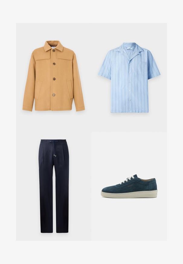 Wol jas in kameel kleur met een kraag, vier knopen en twee voorzakken. Heeft een gestructureerd ontwerp en een gladde textuur.; Lichtblauw kortom-shirt met verticale witte strepen, knoopsluiting aan de voorkant en een borstzak. Gemaakt van een zachte, lichte stof.; Navyblauwe broek met een relaxte pasvorm, elastische tailleband en trekkoordsluiting. Voorzien van twee voorplooien en rechte benen zonder zakken.; Blauwe leren sneakertjes met een ronde neus, witte veters en een rubberen zool. Beschikt over subtiele stiksels en een merkaccent aan de zijkant.