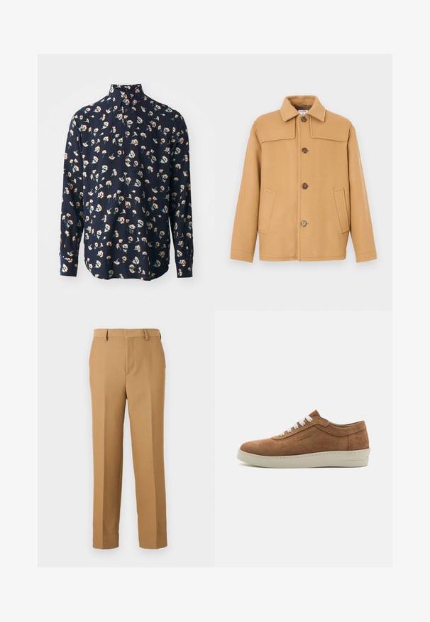 Kaamelivärvi villane jope kraega, nelja nupu ja kahe eesmise taskuga. Omaduseks on struktureeritud disain ja sile tekstuur.; Paul Smith REGULAR FIT SHIRT - Pluus - black; Beige dressipüksid, mis on valmistatud kootud kangast, sirge lõikega, lapikud ees ja vöökohaga silmad. Sujuv tekstuur, ilma nähtavate mustriteta.; Pruun nahkainen toss, millel on valged paelad, ümar varvas ja tekstureeritud kummitald. Omab õmmeldud aktsenti tallaserva mööda.