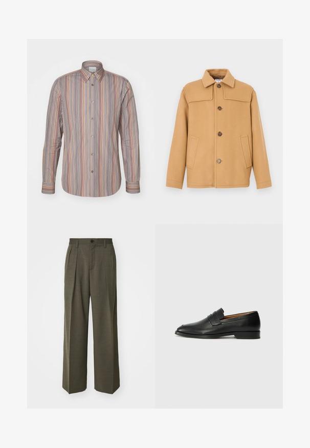 Jachetă din lână culoarea cămilei, cu guler, patru nasturi și două buzunare frontale. Prezintă un design structurat și o textură netedă.; Cămașă cu nasturi cu dungi, având linii verticale în diverse culori. Mâneci lungi, guler clasic și o textură a materialului neted.; Filippa K WIDE TROUSERS - Pantaloni - driftwood; Lofer din piele neagră, cu vârf rotund, detalii cusute subtile și toc jos, având o textură netedă și un design minimalist.