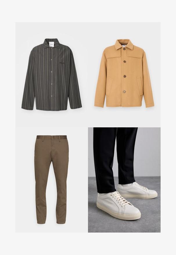 Jachetă din lână culoarea cămilei, cu guler, patru nasturi și două buzunare frontale. Prezintă un design structurat și o textură netedă.; Cămașă cu dungi, de culoare gri închis, cu accente verzi subtile, având guler clasic și mâneci lungi, confecționată dintr-un material moale.; Pantaloni din material elastic, de culoare maronie, cu o croială slim. Se remarcă printr-un tiv neted, curea de pantaloni și două buzunare frontale.; Adidași din piele bej deschis, cu șirete plate, o suprafață texturată și o talpă din cauciuc de culoare crem, asociați cu pantaloni negri tip tapered.