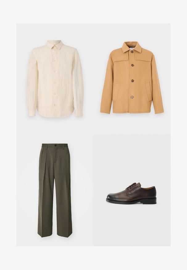 Giacca di lana color cammello con collo a revers, quattro bottoni e due tasche frontali. Presenta un design strutturato e una texture liscia.; Camicia a maniche lunghe in lino beige chiaro, con chiusura a bottoni sul davanti, colletto classico e orlo curvo. Tessuto liscio con una finitura netta.; Filippa K WIDE TROUSERS - Pantaloni - driftwood; Scarpa in pelle marrone con punta arrotondata, tacco basso, chiusura con lacci e superficie liscia. Presenta cuciture minime e una finitura lucida.