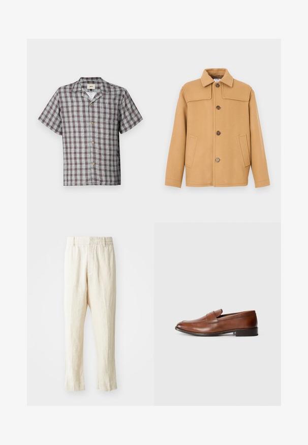 Tevebarna gyapjú dzseki galléros nyakkivágással, négy gombbal és két elülső zsebbel. Strukturált kialakítású és sima tapintású.; Rövid ujjú barna és fehér kockás gombos ing, tábori gallérral és mellzsebbel egy sima háttér előtt.; Beige vászon nadrág laza szabással, keskeny lábakkal és sima elejével. Jellemzője egy rugalmas derékpánt a kényelem érdekében és minimális varrási részletek.; Barna bőr loaferek lekerekített orral, minimális varrással és alacsony blokk sarkú kialakítással. Díszítő pánt található a felsőrészen.