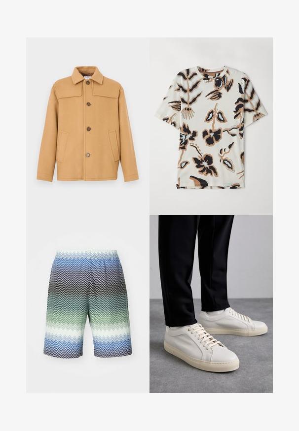 Tevebarna gyapjú dzseki galléros nyakkivágással, négy gombbal és két elülső zsebbel. Strukturált kialakítású és sima tapintású.; Rövid ujjú póló, puha anyagból készült, krém színű háttérrel, fekete, barna és világoskék absztrakt virágmintákkal.; Férfi úszóshort, zig-zag mintával, fekete, sötétzöld, türkiz és kék színátmenetekben, rugalmas derékkal és könnyű anyagból készült.; Világos bézs bőr sportcipő lapos fűzőkkel, texturált felülettel és kontrasztos krémszínű gumitalppal, fekete irodai nadrággal párosítva.