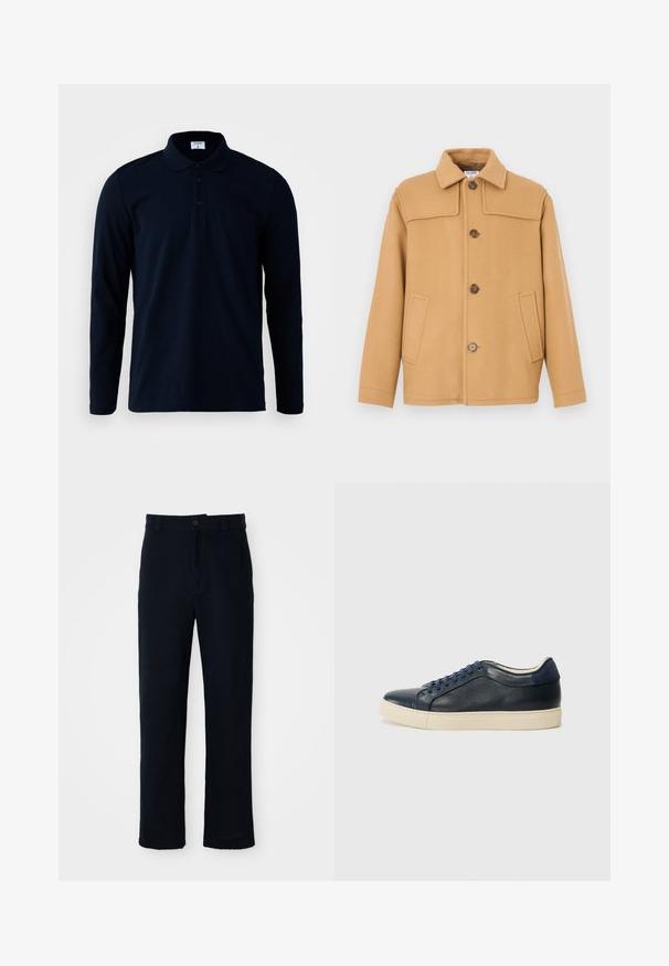 Wełniana kurtka w kolorze wielbłądzim, z kołnierzykiem, czterema guzikami i dwoma przednimi kieszeniami. Charakteryzuje się usztywnionym krojem i gładką fakturą.; Filippa K LUKE granatowy; Granatowe spodnie wykonane z bawełny, z prostą nogawką, z zapięciem na guziki z przodu oraz klasycznym pasem z pętelkami na pasek.; Granatowe skórzane trampki z kremową gumową podeszwą, wyposażone w niebieskie sznurówki i gładką teksturę. Okrągły czubek i minimalistyczny design.