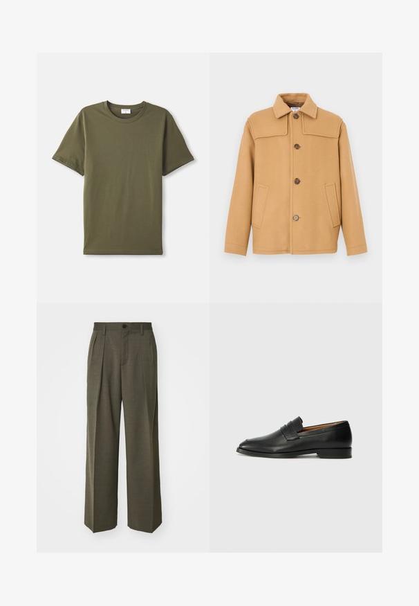 Kameliinvärinen villatakki kaulukseen yhdistetyllä kaula-aukolla, neljä nappia ja kaksi etutaskua. Ominaisuuksina rakenteellinen design ja sileä pinta.; Oliivivärviline lühikeste varrukatega ümara kaelusega T-särk lame valgel taustal.; Filippa K WIDE TROUSERS - Housut - driftwood; Musta nahkainen loafer, jossa on pyöreä kärki, hienovarainen ommelkoristelu ja matala korko, joka on varustettu sileällä pinnalla ja minimalistisella designilla.