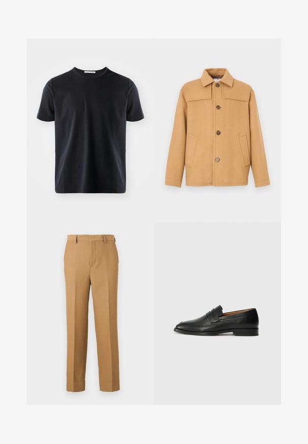 Vlnená bunda farby ťavy s golierom, so štyrmi gombíkmi a dvoma prednými vreckami. Vyznačuje sa štruktúrovaným dizajnom a hladkou textúrou.; Čierne bavlnené tričko s okrúhlym výstrihom a krátkymi rukávmi. Hladká textúra, klasický strih a žiadne viditeľné vzory ani akcenty.; Béžové nohavice z tkaného materiálu, so rovný strihom, plochým predným dielom a pútkami na opasok. HladkáTextúra bez viditeľných vzorov.; Čierne kožené mokasíny s okrúhlou špičkou, jemným prešitím a nízkym podpätkom, s hladkou textúrou a minimalistickým dizajnom.