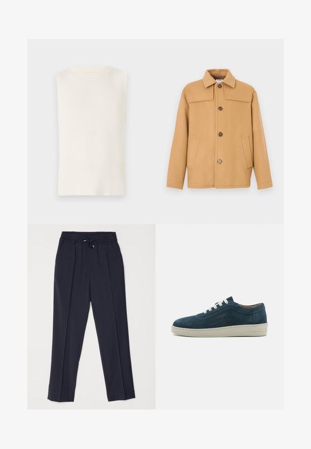 Tevebarna gyapjú dzseki galléros nyakkivágással, négy gombbal és két elülső zsebbel. Strukturált kialakítású és sima tapintású.; Ujjatlan, fehér bordás felső, kerek nyakkal, sima textúrával és testhez álló fazonnal, alkalmas hétköznapi viseletre.; Tengerészkék nadrág rugalmas derékkal és zsinórral. Két elülső redő jellemzi, valamint szűkített lábak a rendezett sziluett érdekében.; Kék velúr sneaker lekerekített orral, fehér fűzővel és gumitalppal. Diszkrét varrásokkal és oldalsó márkázott akcentussal rendelkezik.