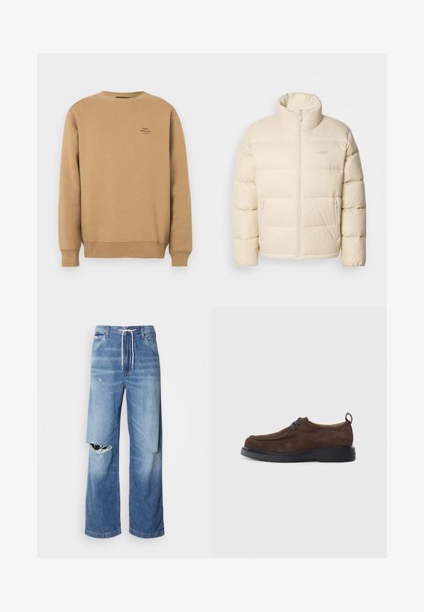 Bežs pufīgs jakas ar augstu apkakli, rāvējslēdzēju un divām sānu kabatām. Iezīmējas ar iešūto dizainu un maigu, gludu tekstūru.; Bežs pārgatavošanās džemperis ar ribotām piedurknēm un apakšdaļu, ar mazu melnu "Mads Nørgaard Copenhagen" logo kreisajā krūtī.; Gai zils džinsu bikses ar brīvu piegriezumu, ar baltu auklu viduklī un izteiktām plīsumiem priekšā, parādot saplēstas malas.; Brūni zamšādas apavi ar noapaļotu purngalu, pelēkām auklām un melnu gumijas zoli. Iekļauts mazs logotips iepresēts papēdī.