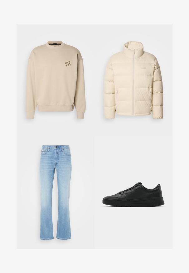 Chaqueta acolchada beige con un alto cuello, cierre de cremallera y dos bolsillos laterales. Presenta un diseño de acolchado y una textura suave y lisa.; Sudadera beige de mangas largas, cuello redondo y puños acanalados. Presenta un logo bordado en el lado izquierdo del pecho. Textura suave.; Vaqueros de mezclilla azul claro, de corte acampanado, con un acabado desgastado, cinco bolsillos, trabillas para el cinturón y cierre de botón en la cintura.; Zapatilla negra con parte superior de cuero liso, puntera redonda, cordones planos, cuello acolchado y diseño minimalista. Suela de goma con un patrón de relieve sutil.