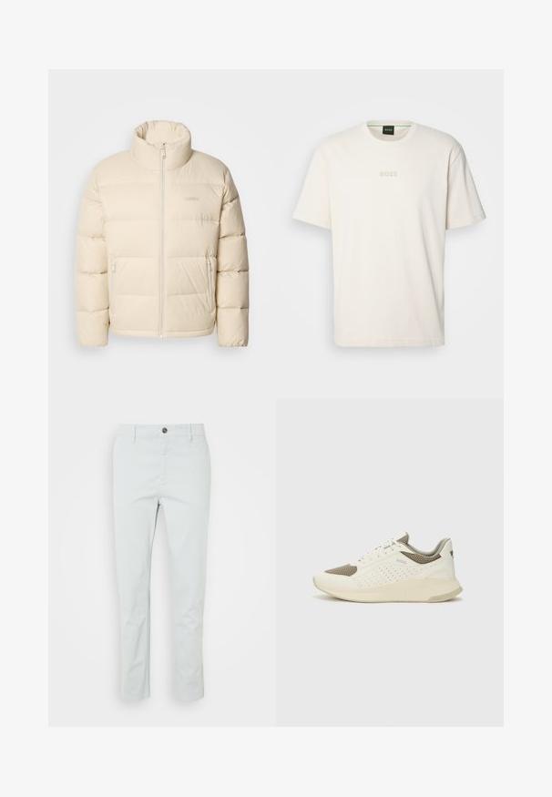 Beige színű pufi dzseki magas gallérral, cipzárral és két oldalsó zsebbel. Steppelt mintázat jellemzi, puha, sima tapintású.; BOSS TEE - Basic póló - open white; Világoszöld, egyenes fazonú pamut nadrág, elülső gombos záródással és oldalsó zsebekkel. Sima textúra, minták nélkül.; Fehér és világos bézs sportcipő, légies hálós felsőrésszel, perforált részletekkel és texturált középtalppal, amelyen a saroknál a márka logója található.