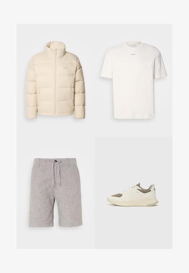 Beige boblejakke med høy krage, glidelåslukking og to sidelommer. Har et quiltet design og myk, jevn tekstur.; Hvit bomulls T-skjorte med rund hals, korte ermer og brodert "Calvin Klein" logo i midten av brystet. Enkel design.; Lys grå linshorts med snor i livet, rett snitt og subtil tekstur. Har en enkel knappefeste og oppbrettede kanter.; Hvit og lysebeige treningssko, med en mesh-overdel, perforerte detaljer og en teksturert mellomsåle med merkevare på hælen.